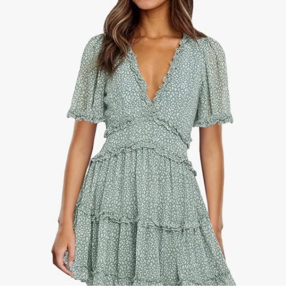 Womens Short Sleeve Green Ruffle Layer Backless Swing Mini Dress Size Large